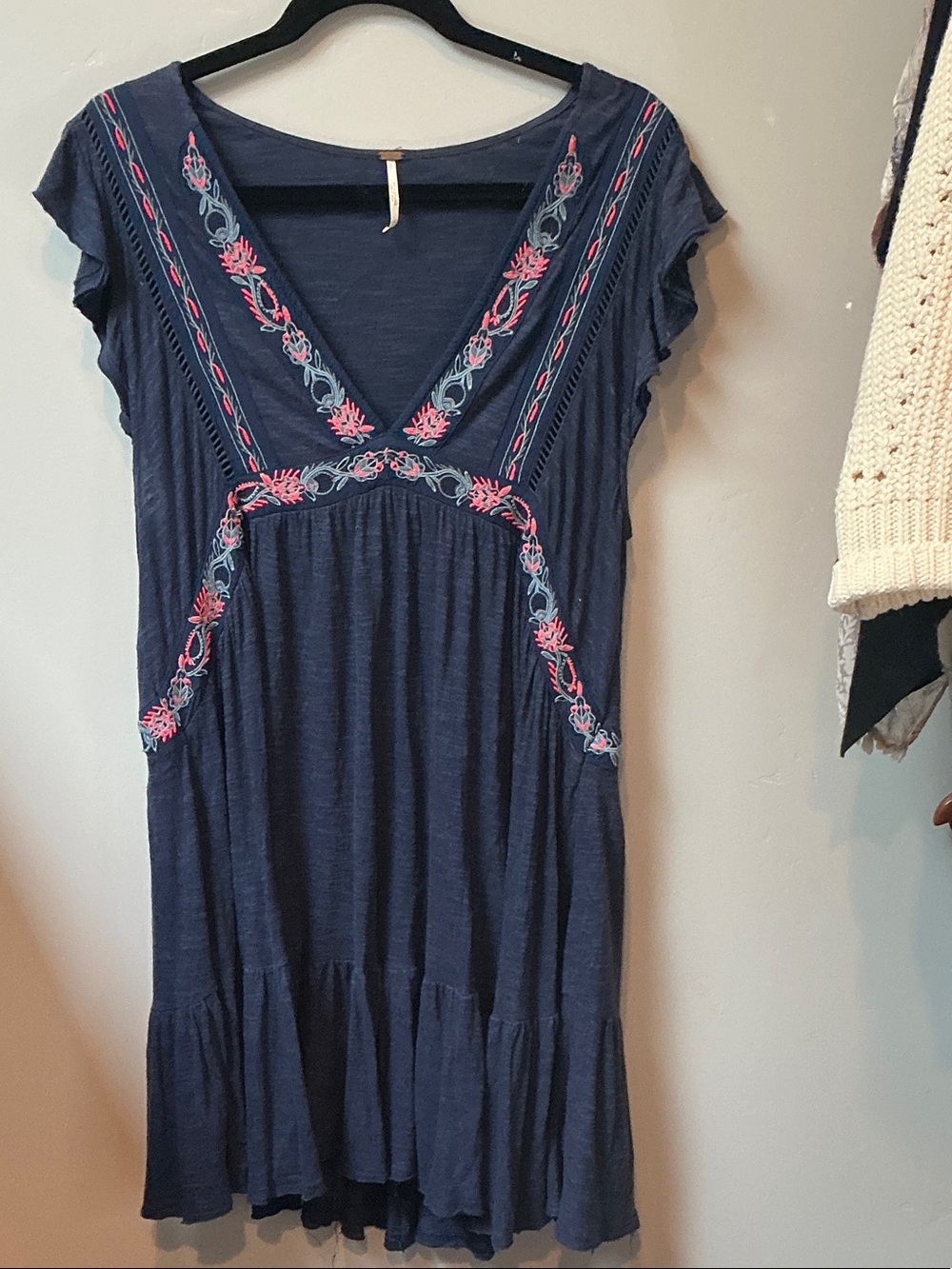 Free People Navy Mini Dress with Pink & Light Blue Embroidery